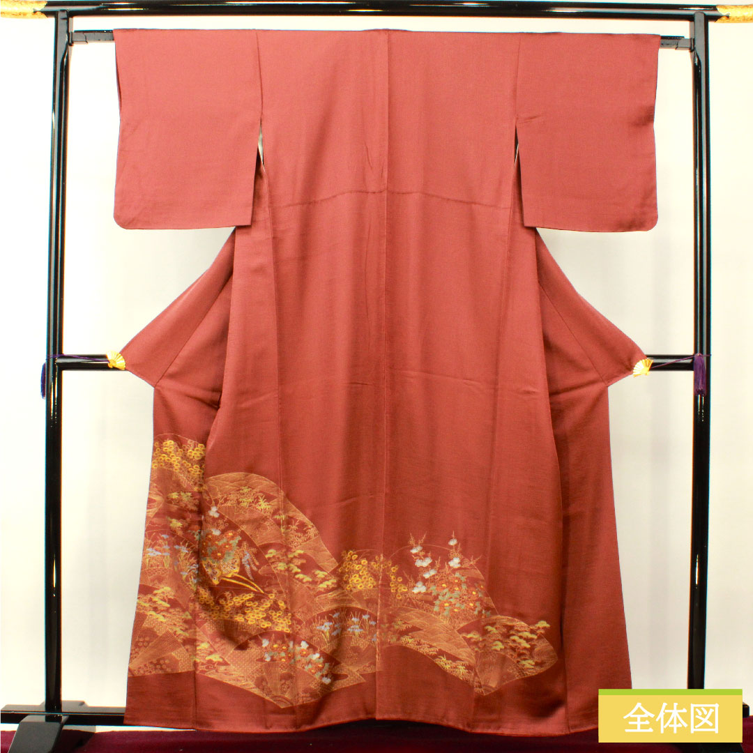 Homongi, pure silk, lined, length 161cm, sleeve length 63cm, azuki color, Kyo-Yuzen, flower cart, auspicious motif, S rank, red, 1112004302412