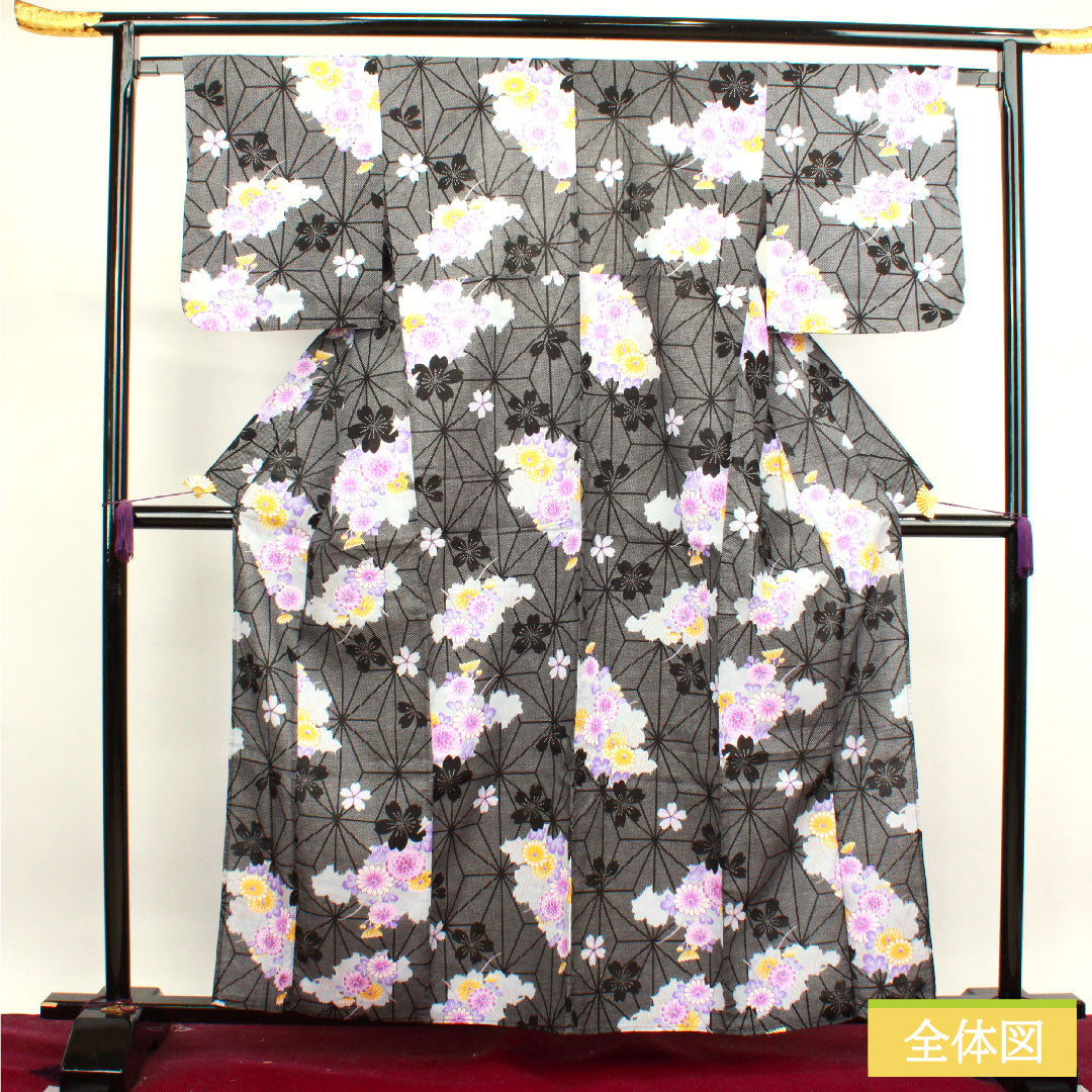 Yukata Cotton Length 160cm Sleeve length 64cm S rank Single layer Black Hemp leaf Chrysanthemum Cherry blossom 1118004532410