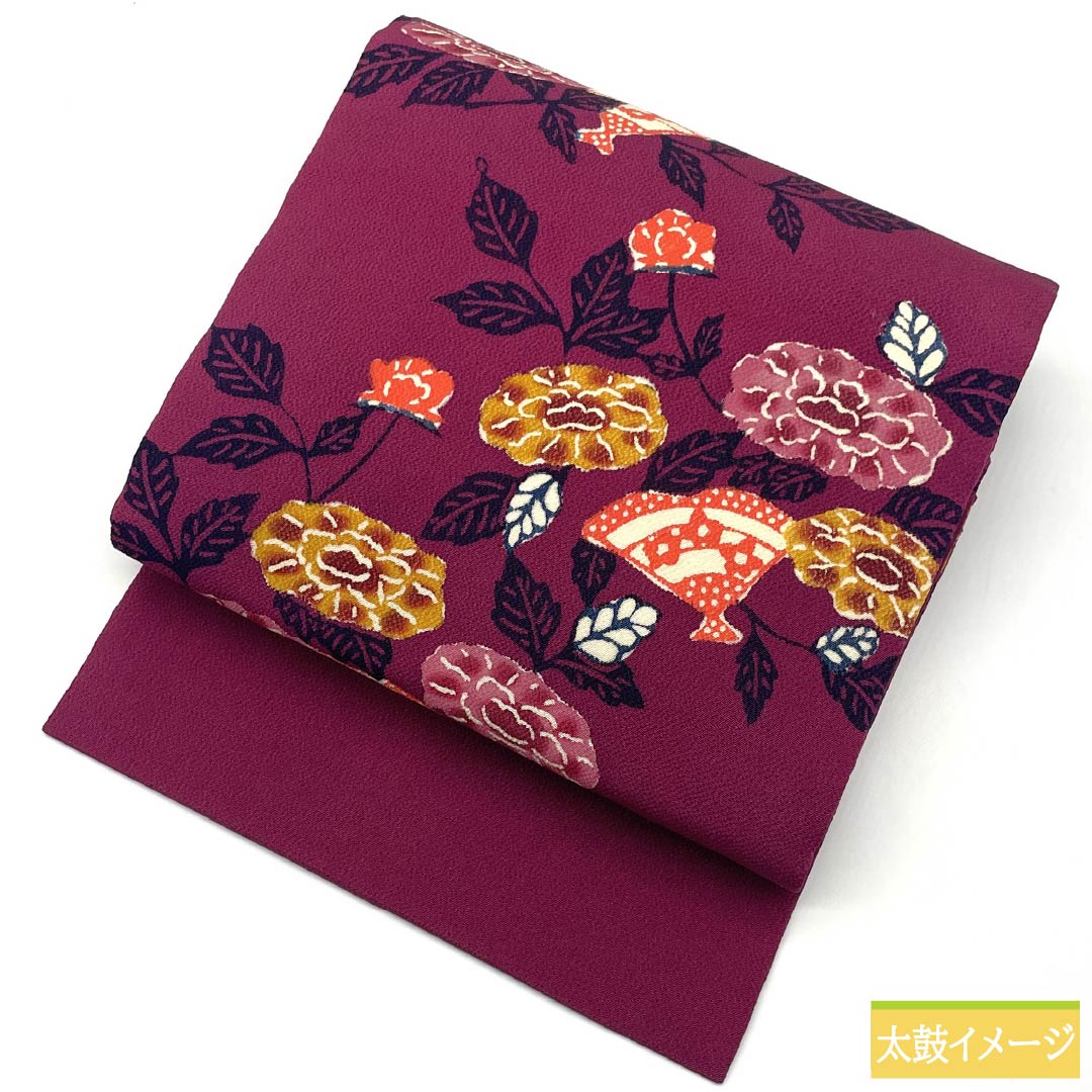 Nagoya Obi, Pure Silk, Grade A, Reddish-Purple, Kyoto Bingata, Fan-Shaped Floral Pattern, Length 368cm, Full Length, Casual, Purple, Product Number: 1124009283320, Nagoya Style