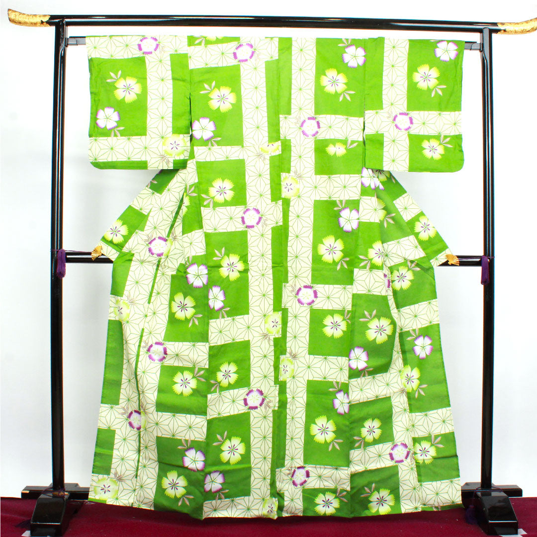 Yukata, Evergreen, Pink, Asanoha, Cotton, S Rank, Single Layer, Length 165.5cm, Sleeve Length 66cm, Green, 1118002722519