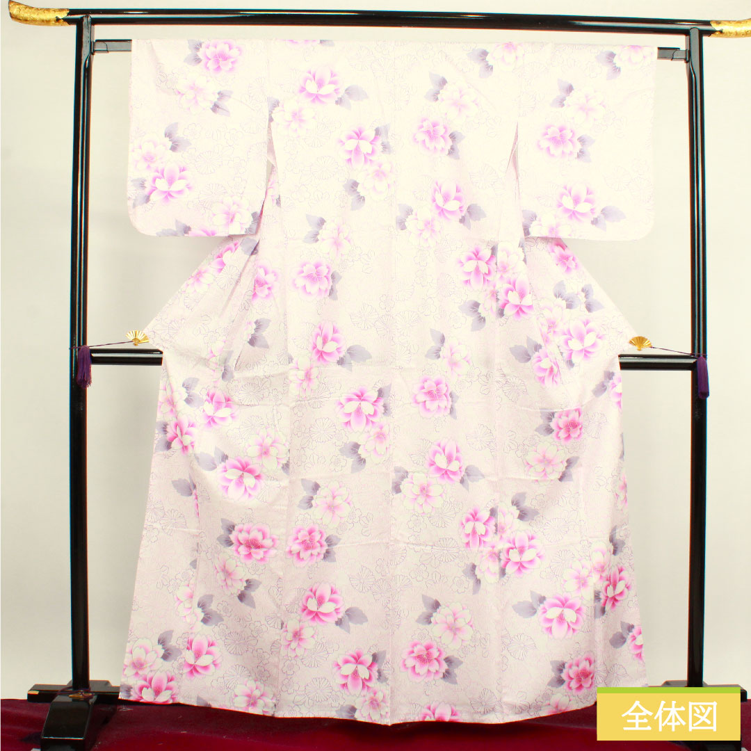 浴衣 木綿 身丈163cm 裄丈64.5cm Sランク 単衣 ピンク系 桜色(さくらいろ) 桜 菊 1118004542413
