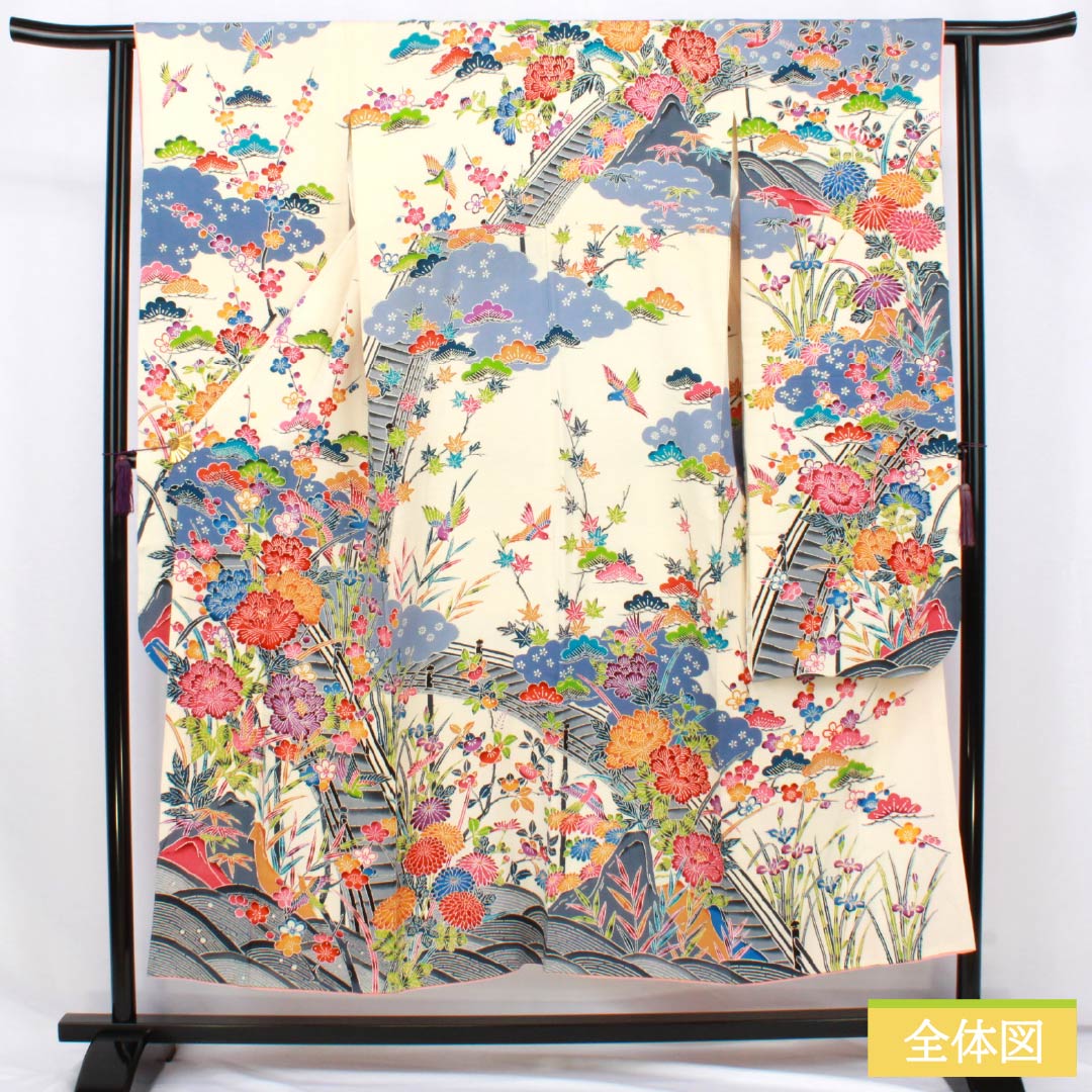 振袖 正絹 Bランク 身丈148.5cm 裄丈62cm 袷 生成り色(きなりいろ) 京紅型 吉祥文様 白系 1113002644111