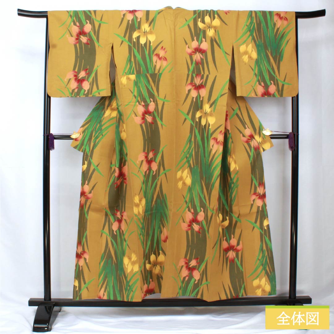 Cotton Yukata, Length 153.5cm, Sleeve Length 67cm, Rank A, Single Layer, Yellow, Magnolia, Iris Design, Product Number: 1118005803223