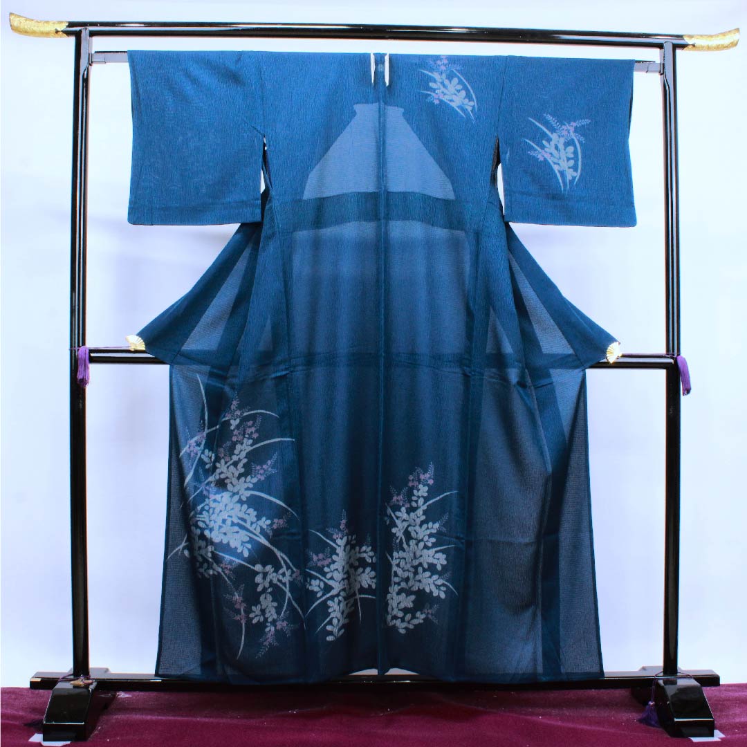 夏物 正絹 訪問着 身丈158cm 裄丈63.5cm 濃藍色(こいあいいろ)草花模様 二重紗 Sランク 紺系 1132000142318