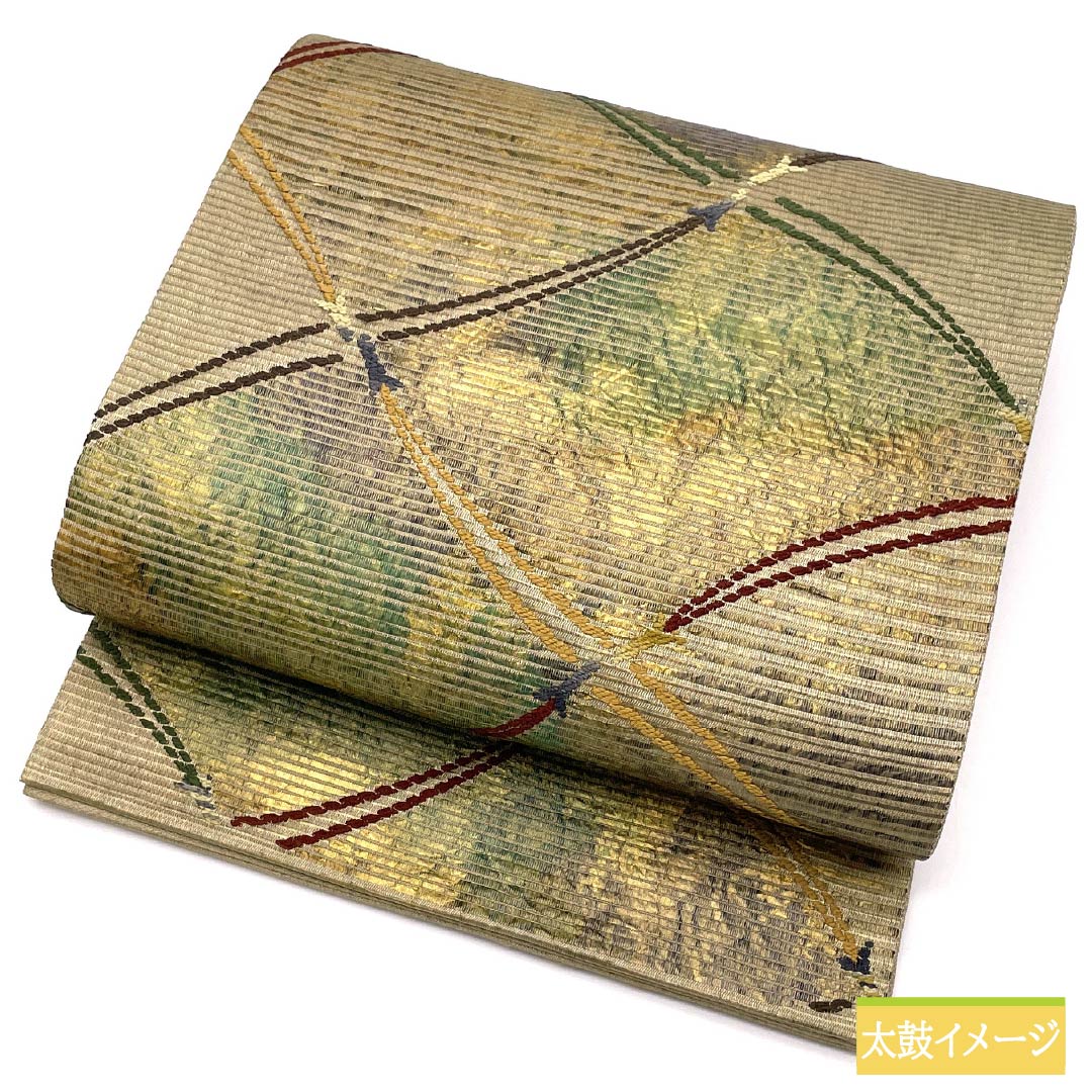 Fukuro Obi (sash) made of pure silk with a fan-shaped design, thick gold leaf and string pattern, 444cm long, S rank, six-fold obi, semi-formal, gradient pattern, product number 1123014902399