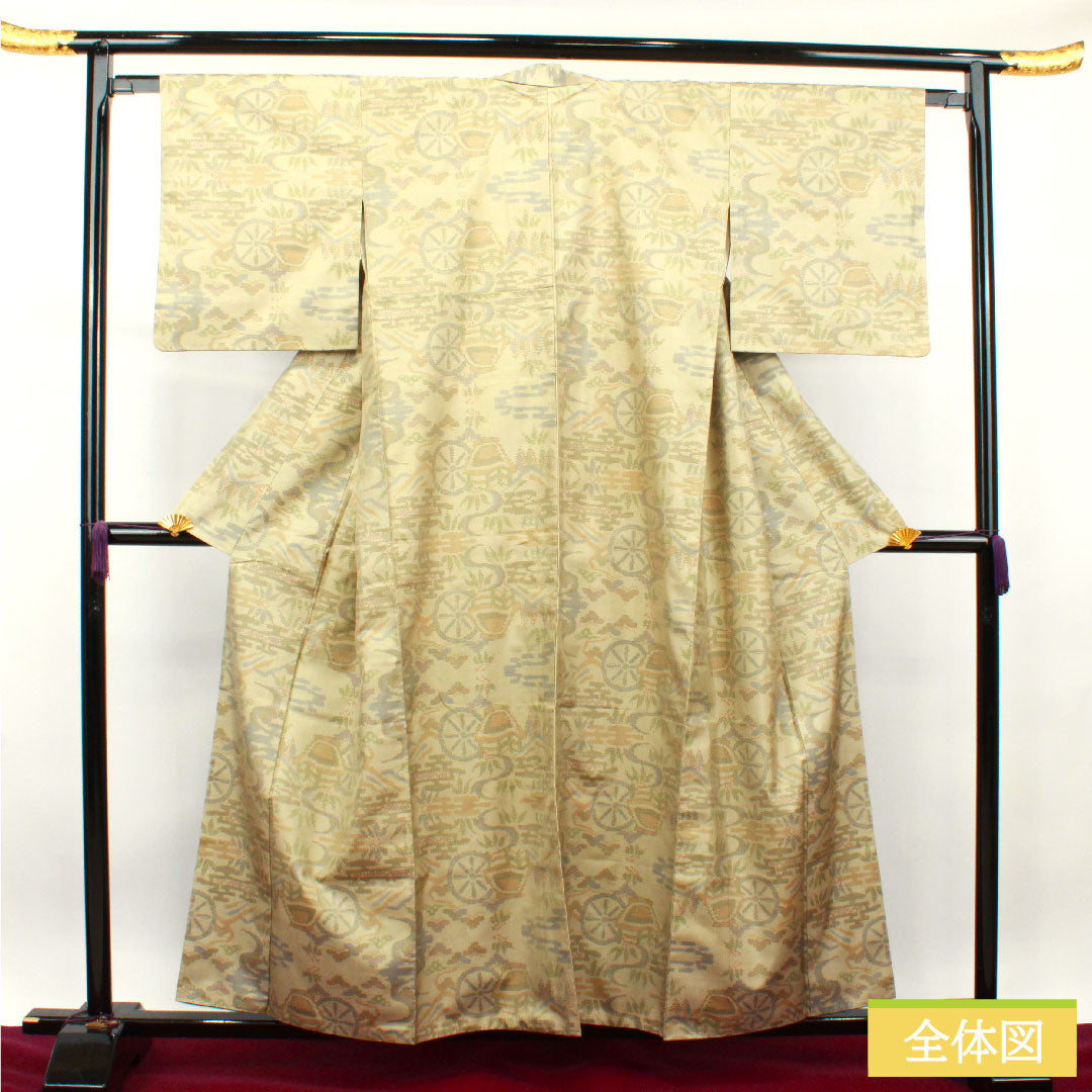 大島紬 正絹 身丈157.5cm 裄丈64.5cm 蕎麦切色 緯総絣 風景模様 Aランク 袷 ベージュ系 1116002883325
