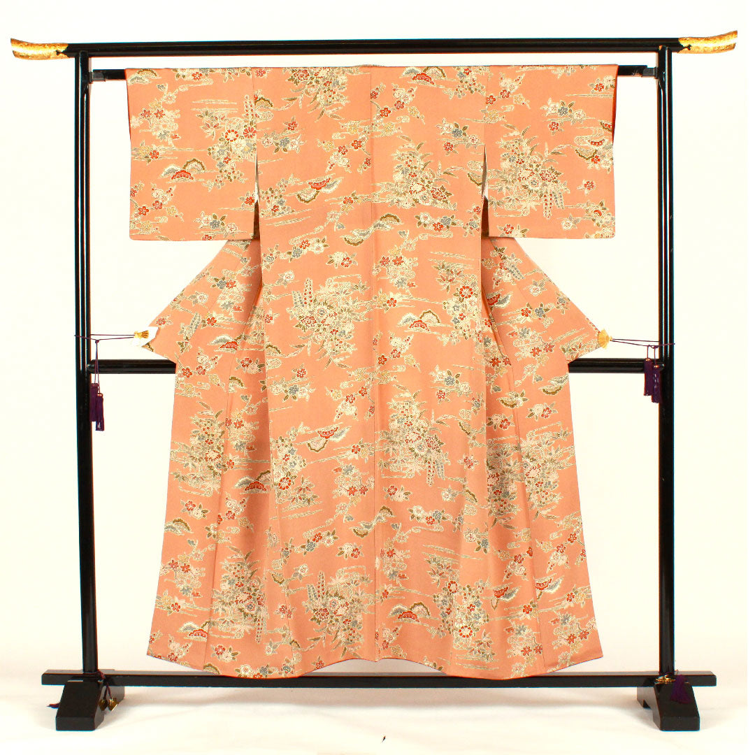 小紋 身丈154cm 裄丈61.5cm 袷 松竹梅 花籠 帛紗付き 正絹 Sランク 茶系 1115002042214