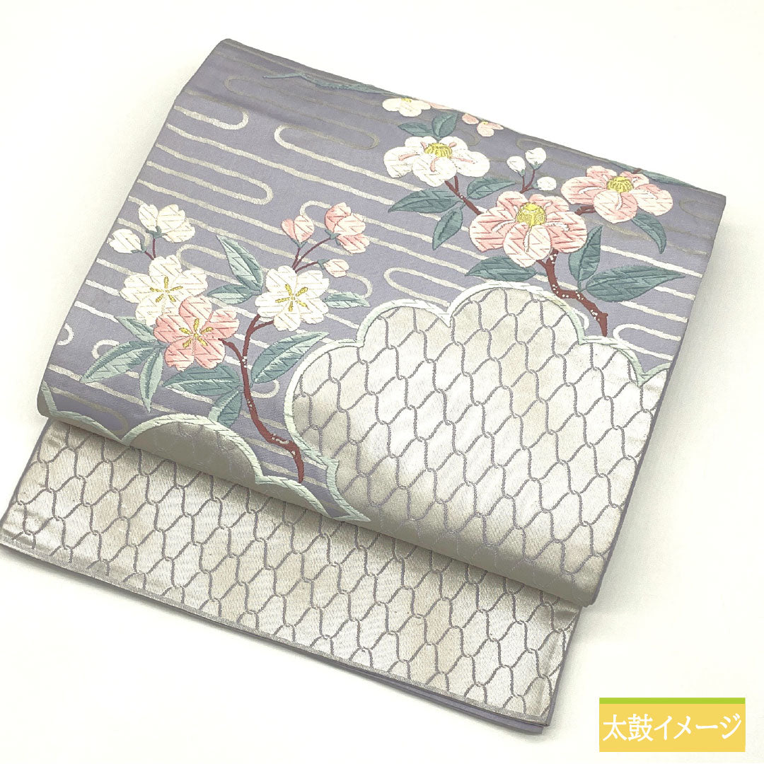 Formal obi, pure silk, grade A, white wisteria, Karaori weave, cherry blossom and plum blossom motifs, length 424cm, purple accent pattern, 1123016073320