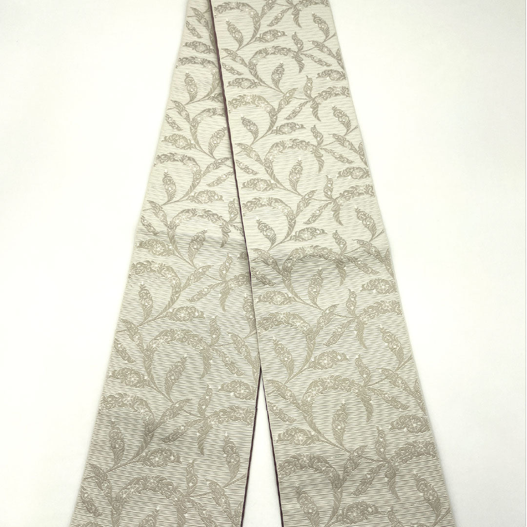 (New) Reversible Half-Width Obi, Polyester, New Rank, Pearl White, Reddish-Gray, Abstract Floral Pattern, Hishibana Style, Obi Length 400cm, Gray Tone, 1125002391422