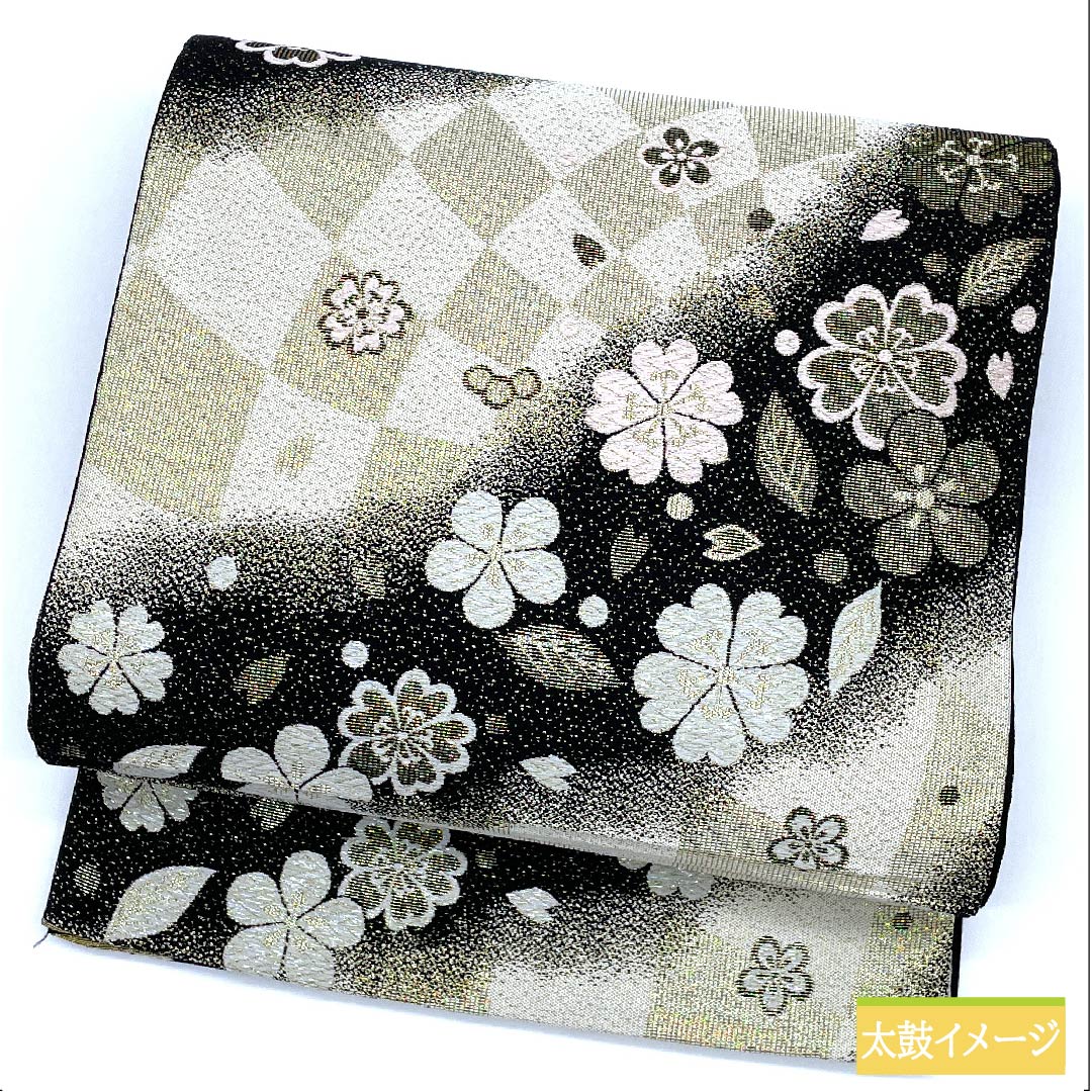 Fukuro Obi, pure silk, chalky white, cherry blossom, plum, checkered pattern, obi length 436cm, S rank, six-pass, formal, white, 1123011492311