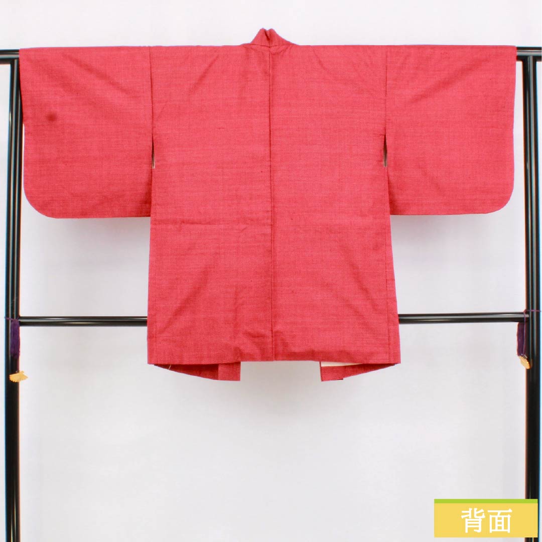 Haori (Japanese traditional kimono jacket) made of pure silk, grade A, length 79cm, sleeve length 63.5cm, madder red (akaneiro) color, kasuri pattern, tsumugi fabric, with haori cord, lined, red, 1117001283912