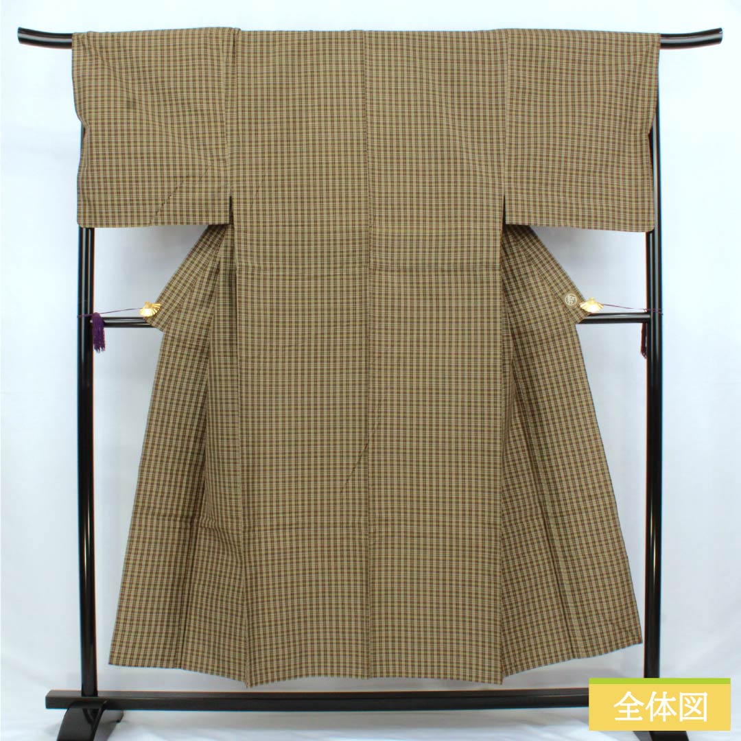 男物 木綿 Sランク 身丈148.5cm 裄丈68cm 利休生壁色(りきゅうなまかべいろ) 憲法茶色(けんぽうちゃいろ) チェック柄 内ポケット付き 単衣 緑系 1119001092419