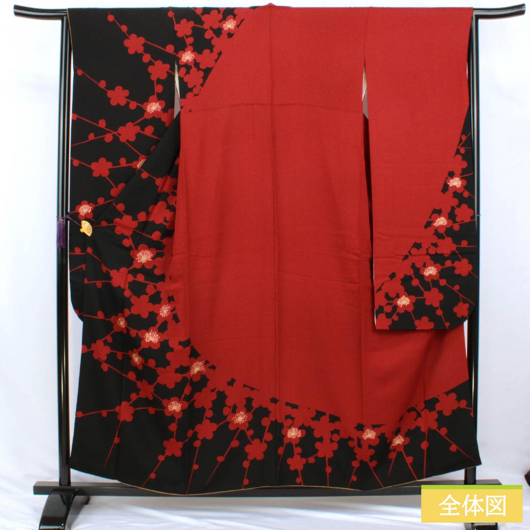Furisode Silk A Rank Length 156.5cm Sleeve length 64cm Lined Sho-enji-iro (Deep Carmine) Kyo-Yuzen Stencil Dyed Plum Modern Sawaya Guard Red 1113002943312