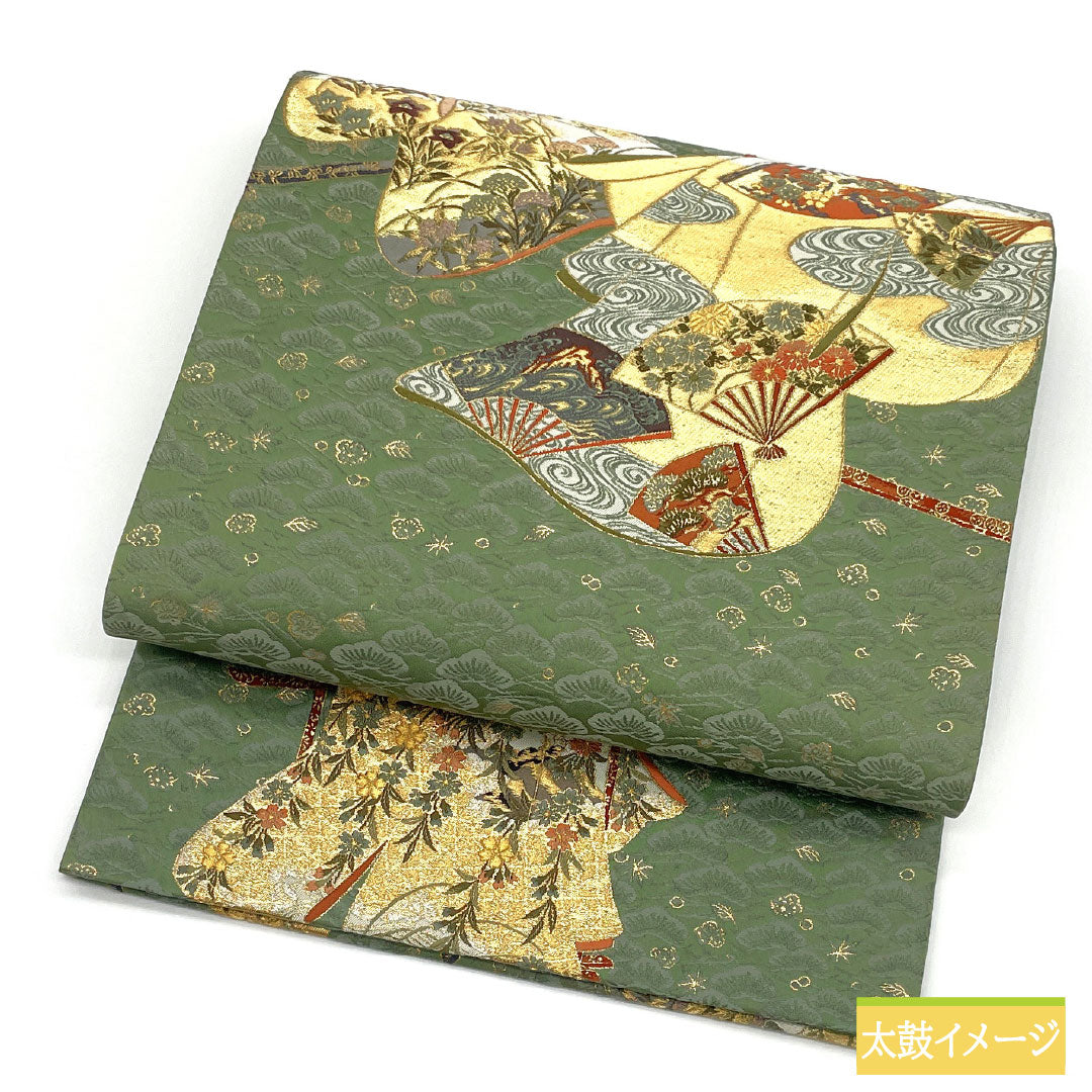 Fukuro Obi (formal silk belt), Grade A, Kanosachi Nishijin-ori Who-is-sleeve Pine Gathering. Obi length 438cm. Partial design. Semi-formal. Green family. 1123017453319