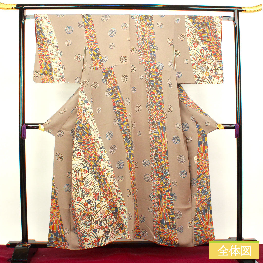 小紋 正絹 身丈154.5cm 裄丈64cm 袷 壁鼠色 京紅型 抽象模様 Aランク グレー系 1115003513222