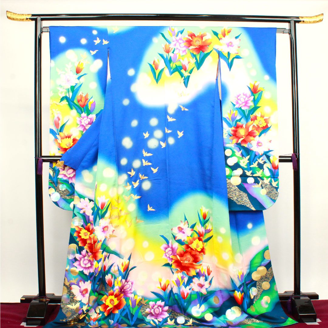 振袖 身丈176.5cm 裄丈64cm 袷 瑠璃色 花鳥模様 正絹 Bランク 紺系 1113001484818