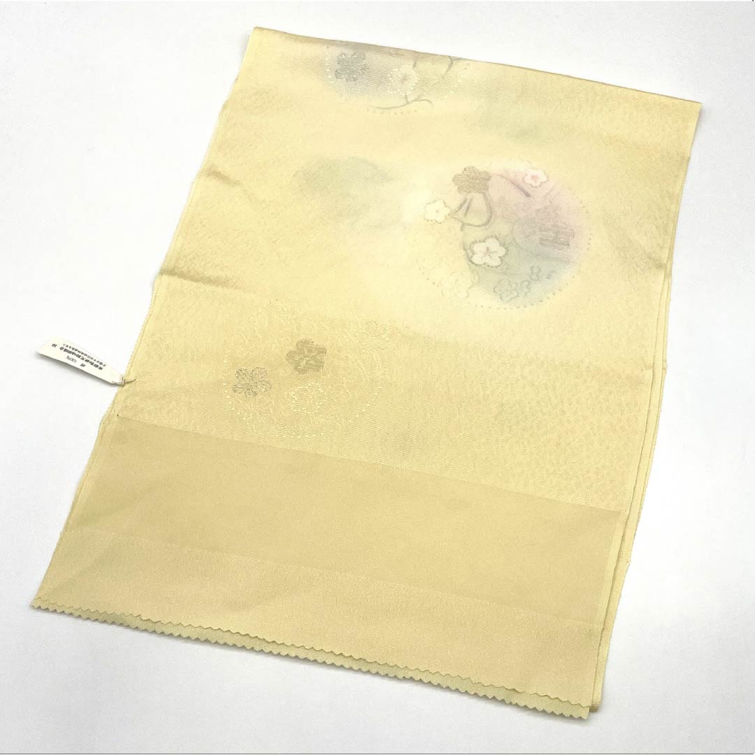 帯揚げ 正絹 Sランク セミフォーマル 薄卵色(うすたまごいろ) 花丸文 梅 長さ約178cm 幅約31cm 黄系 1136002732923
