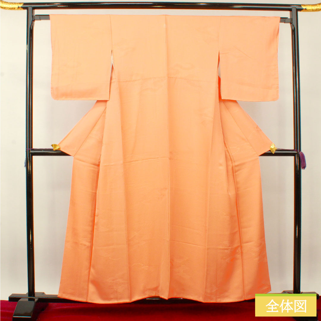 Plain color, pure silk, length 156.5cm, sleeve length 64.5cm, washed vermilion, cloud pattern, thin medium-thickness katabami, with basting thread, lined, S rank, vermilion, 1114001192316