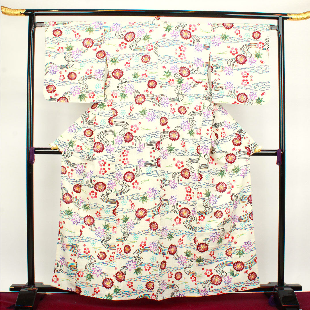 Yukata with basting thread, unused, milky white, stencil dyed, cotton linen, S rank, single layer, length 162cm, sleeve length 67cm, cream color, 1118002012415