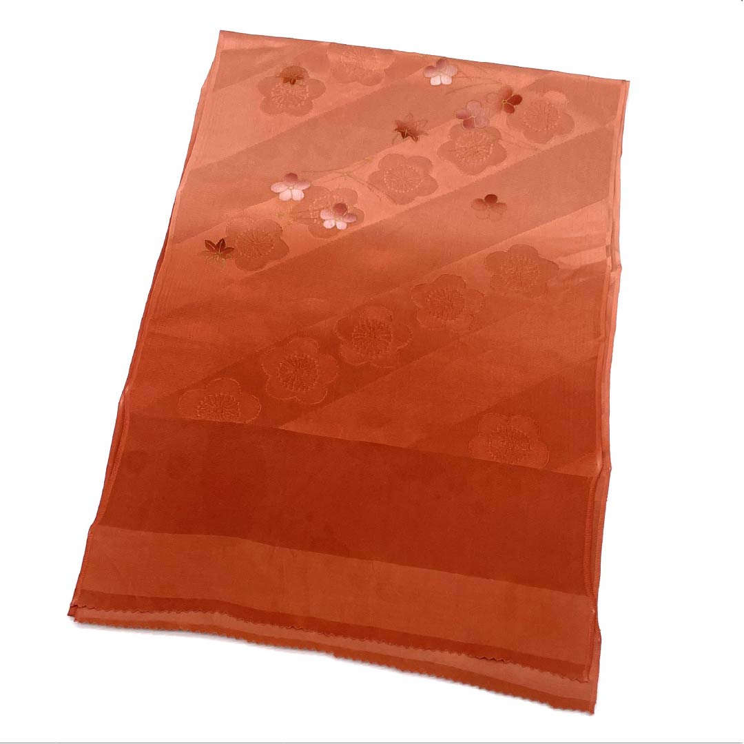 Semi-formal obiage (sash sash), pure silk, S-rank, medium crimson, gradient, classic plum blossom pattern, vermilion, approximately 176cm long, approximately 29.5cm wide, vermilion, product number 1136001792916
