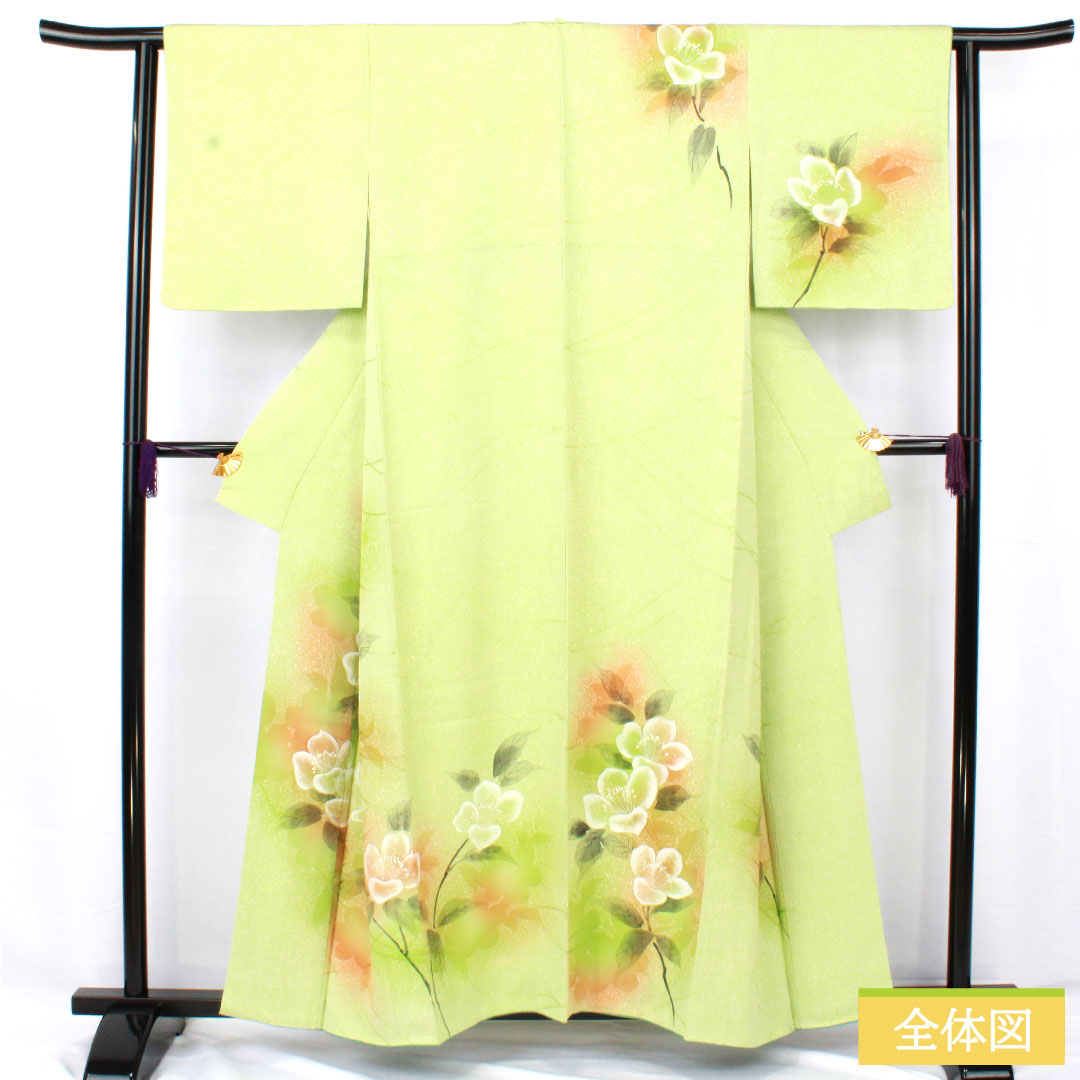 Homongi, pure silk, lined, length 158.5cm, sleeve length 62.5cm, yellowish green, floral pattern, wet-dyed yuzen, A rank, green, 1112005763319