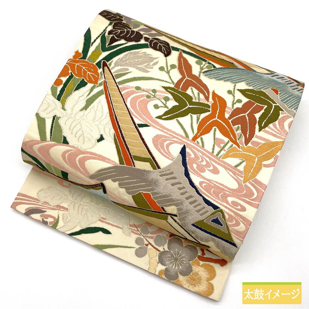 Fukuro Obi (Sash) - Pure Silk - Natural Color (Kinari-iro) - For Furisode - Shirayaen Oba - Fune (Plum) - Obi Length: 436cm - S Rank - Six-way - Formal - Cream Color - 1123013852315