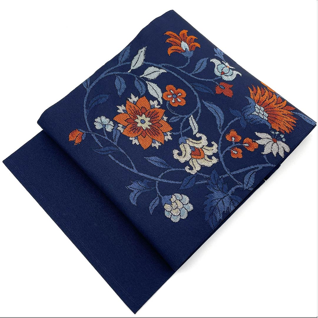 Nagoya obi, navy blue, Chinese flower pattern, obi length 356cm, pure silk, A rank, point pattern, casual, navy blue, 1124003033318, Nagoya style