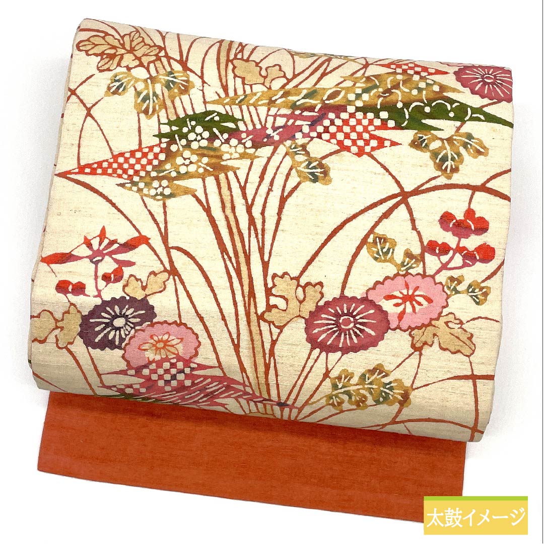 Nagoya obi, off-white, ivy leaves, cosmos, bingata pattern, obi length 360cm, pure silk, S rank, full length, casual, cream color, 1124006462315, Nagoya style