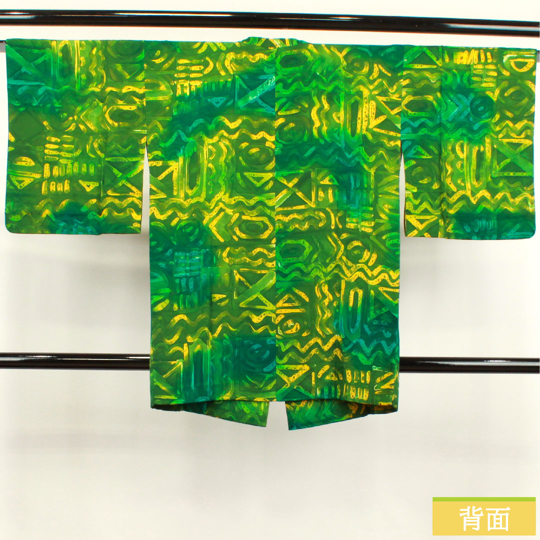 Michiyuki coat, pure silk, length 86.5cm, sleeve length 66.5cm, abstract pattern, wax-resist dyeing, S rank, lined, green, 1117000892919