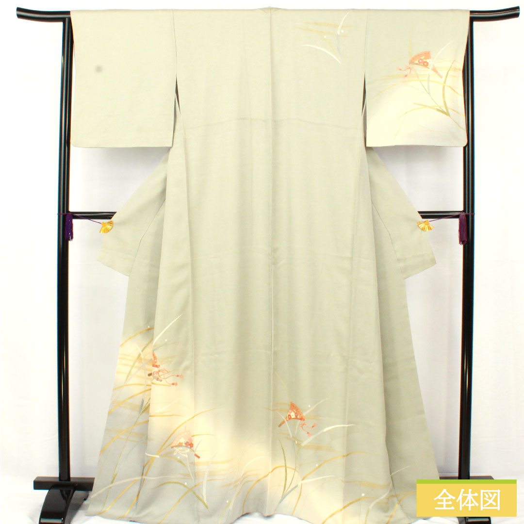 Homongi, pure silk, lined, length 167cm, sleeve length 62.5cm, white-green, Kyo-Yuzen, fan, dew grass, B rank, green, 1112004934519