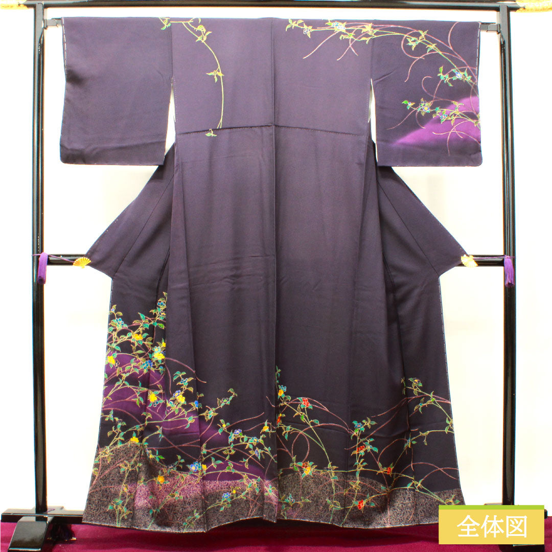 訪問着 正絹 袷 身丈158.5cm 裄丈65.5cm 褐色 草花模様 しつけ糸付き 未使用品 Sランク 紫系 1112003552320