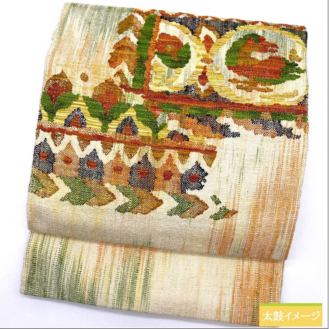 Nagoya obi, off-white, Greek pattern, pongee fabric, obi length 353.5cm, pure silk, S rank, point pattern, casual, cream color, 1124005992315, pine needle style