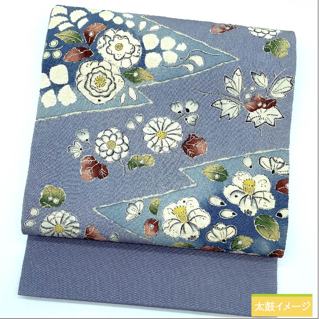 Nagoya obi, blue and gray, Tsujigahana, Matsukawabishi, crepe, obi length 364cm, pure silk, A rank, point pattern, casual, blue, 1124006223317, open style