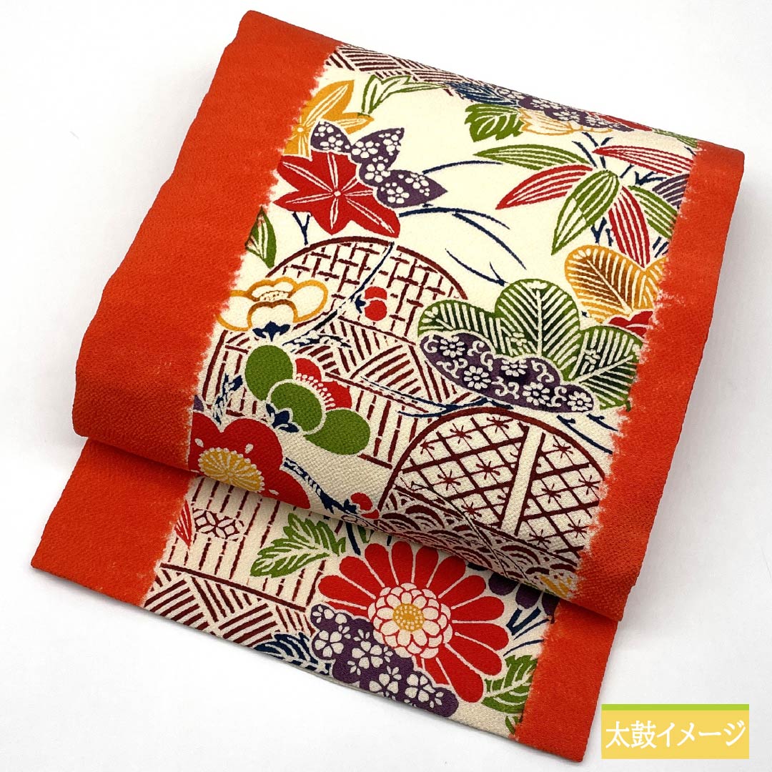 Nagoya obi, Kyohiiro (scarlet color), Kyoto Bingata, crepe fabric, chrysanthemum, obi length 353cm, pure silk, S rank, full length, casual, orange, 1124007632326, Nagoya style