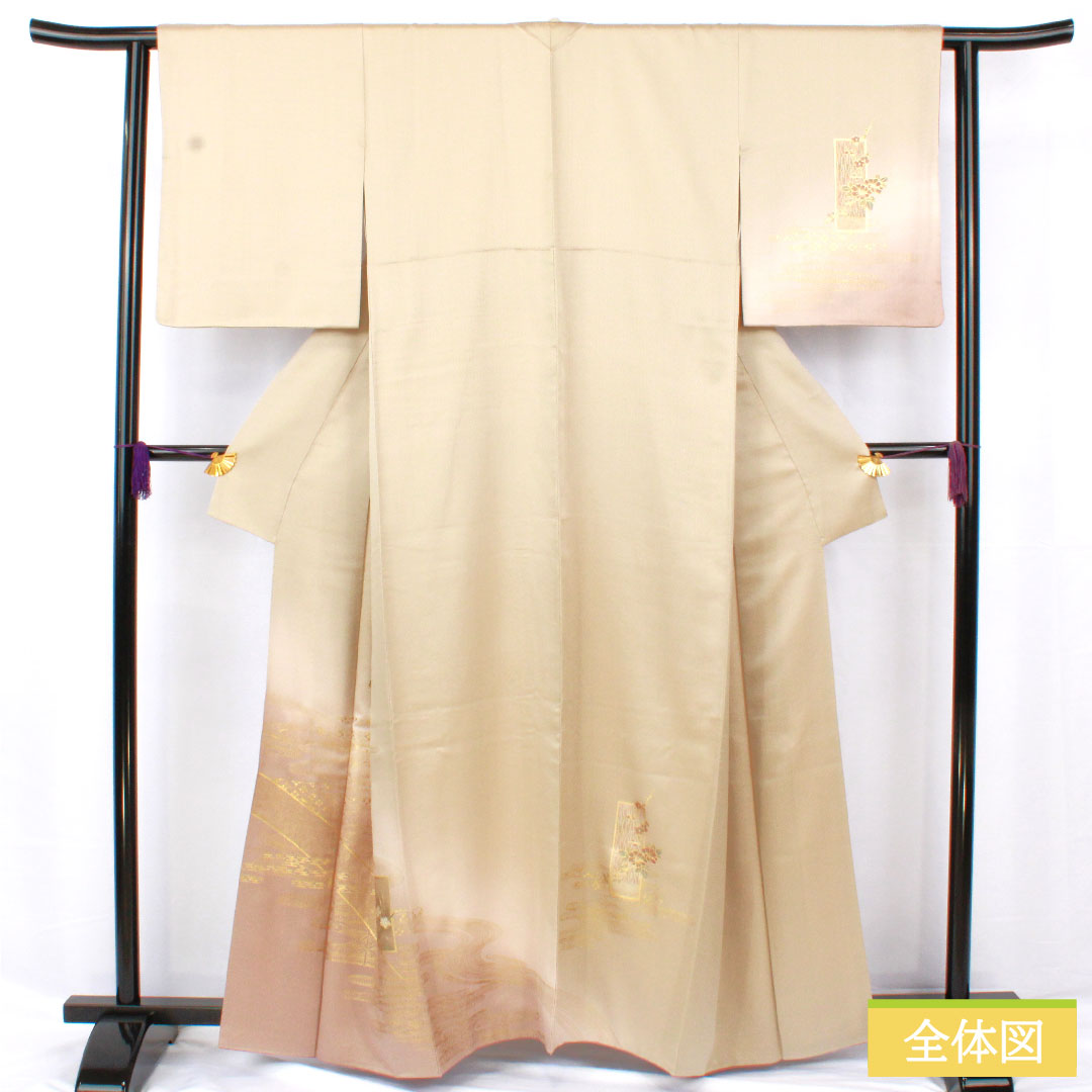 Homongi, pure silk, lined, length 161cm, sleeve length 61cm, white oak color, Kyoto Yuzen, auspicious pattern, A rank, gray, 1112005913422
