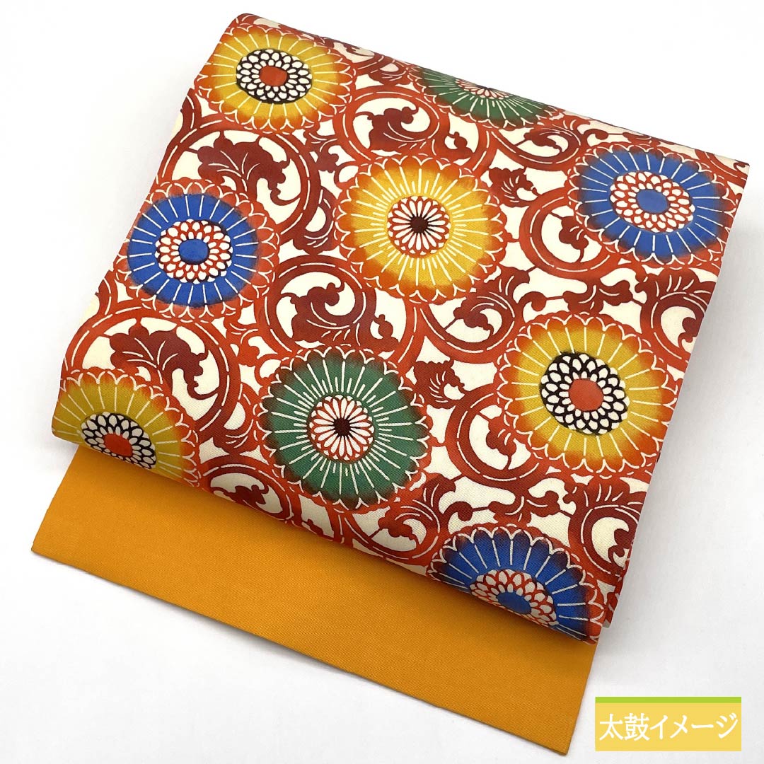Nagoya obi, natural color (kinariiro), stencil dyeing, chrysanthemum arabesque, obi length 358cm, pure silk, S rank, six-pass, casual, white, 1124007782311, Nagoya tailoring