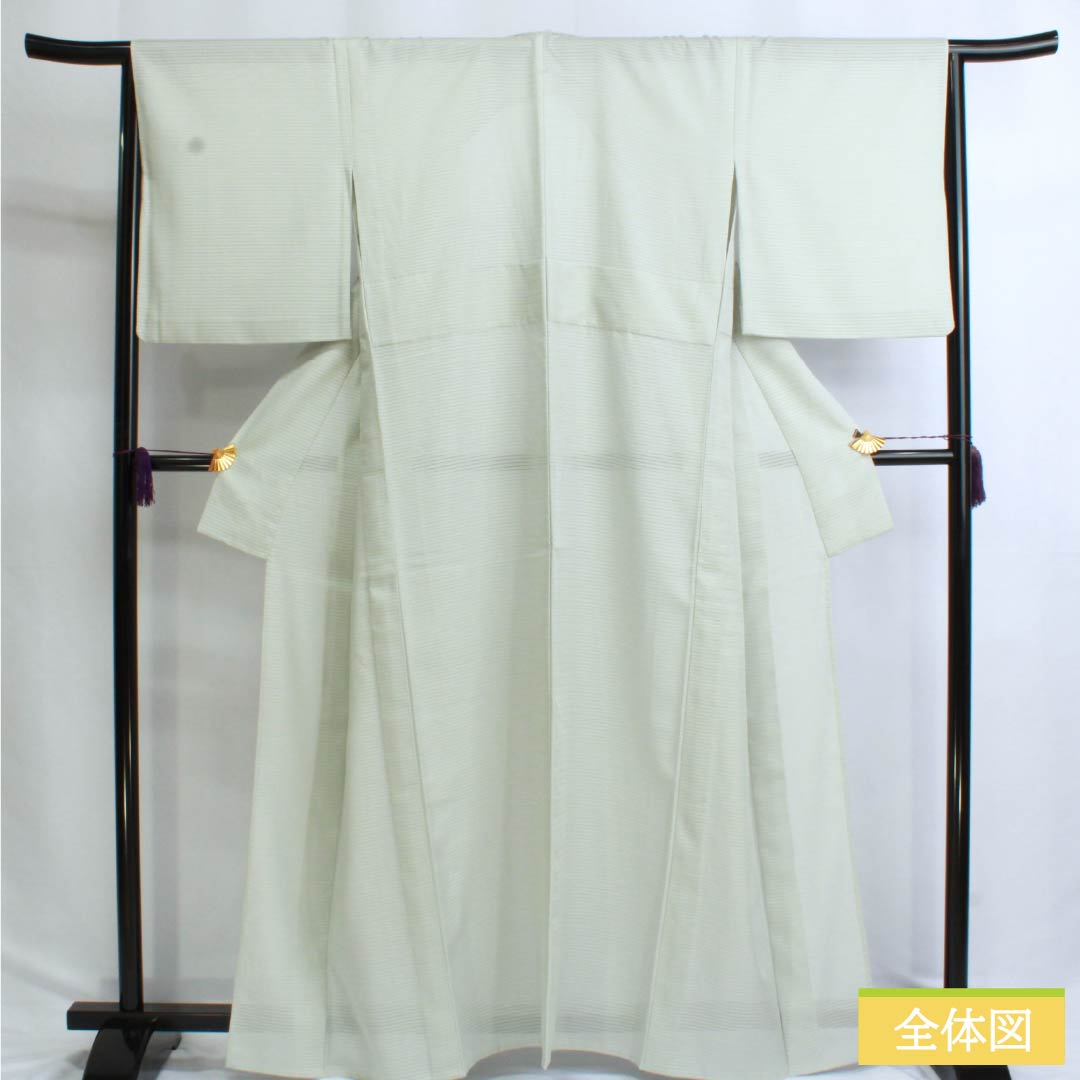 夏物 ポリエステル 色無地 Aランク 身丈163cm 裄丈66cm 青白磁色(せいはくじいろ) 一つ紋 五三桐 洗える着物 絽 緑系 1132002903419