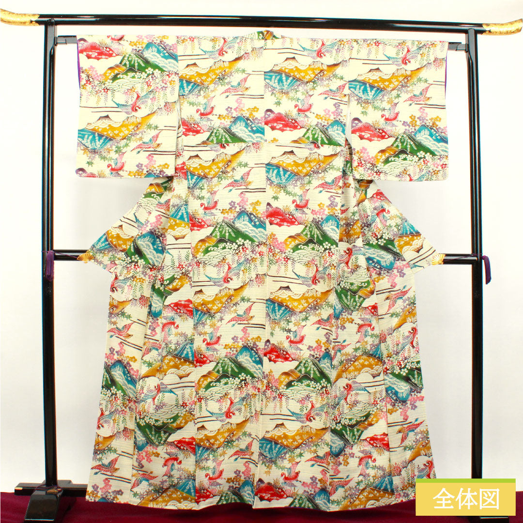 小紋 正絹 身丈161.5cm 裄丈63.5cm 袷 京紅型 梅 鶴 遠山 Sランク グラデーション系 1115003562499