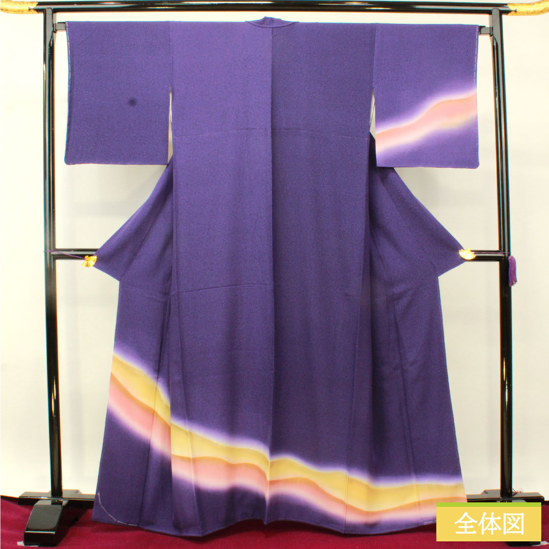 訪問着 正絹 袷 身丈163.5cm 裄丈68cm 江戸紫色(えどむらさきいろ) タタキ染 遠山模様 しあわせガード加工 Sランク 紫系 1112004862420