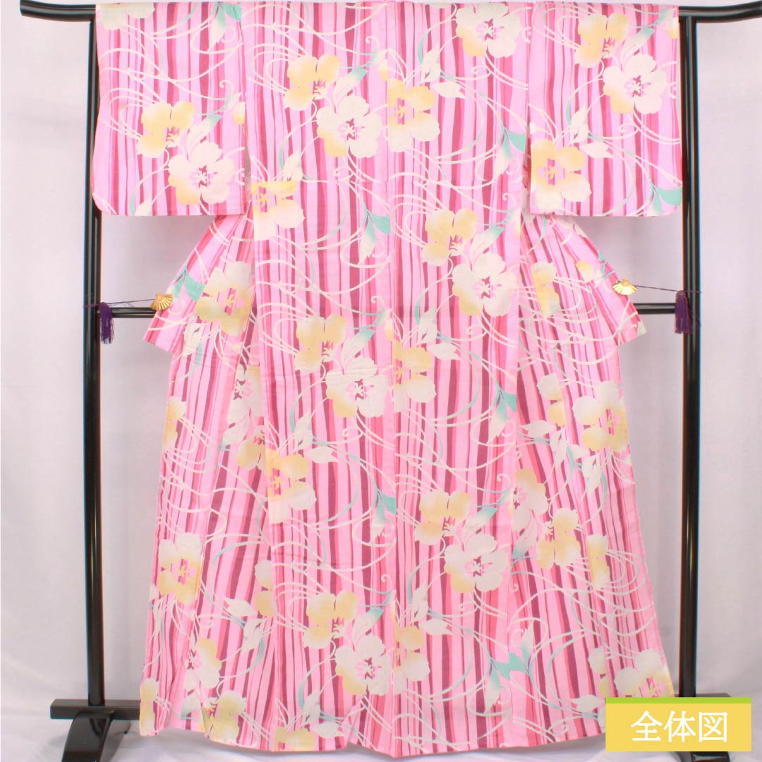 Cotton Yukata, Length 164.5cm, Sleeve Length 62.5cm, S Rank, Single Layer, Pink/Peach (Momoiro) with Hibiscus Stripes, 1118006702413