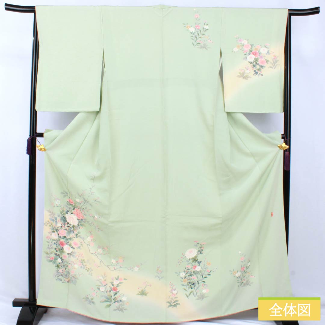 Visiting Kimono, Pure Silk, Grade B, Lined, Length 165cm, Sleeve Length 65.5cm, Light Green, Floral Design, Artist: Shuichi, Included Basting Thread, Green, Product Number: 1112006974519