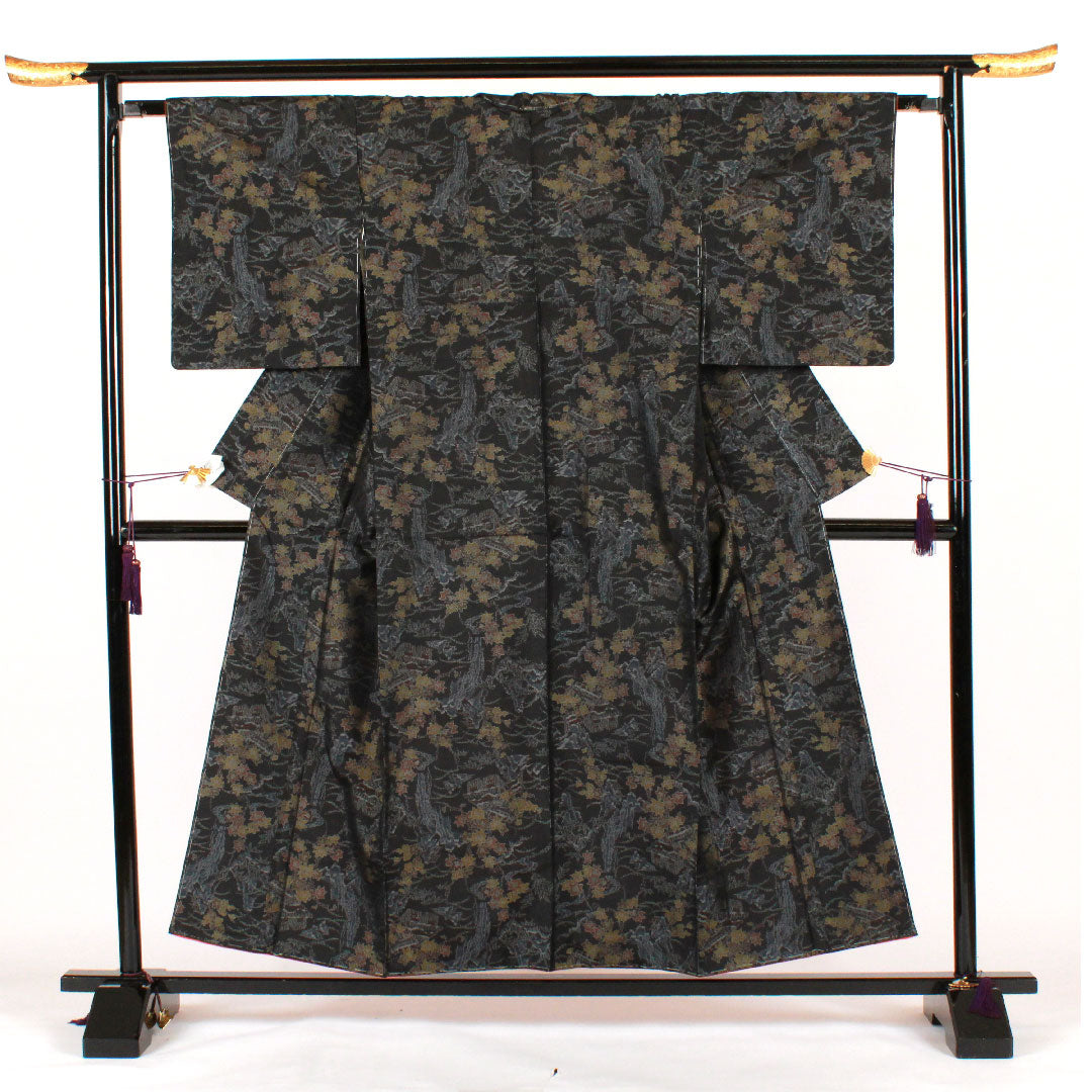 Oshima Tsumugi, Length 156cm, Sleeve length 64cm, Weft Kasuri, Landscape pattern, Pure silk, A rank, Lined, Black, 1116001573310