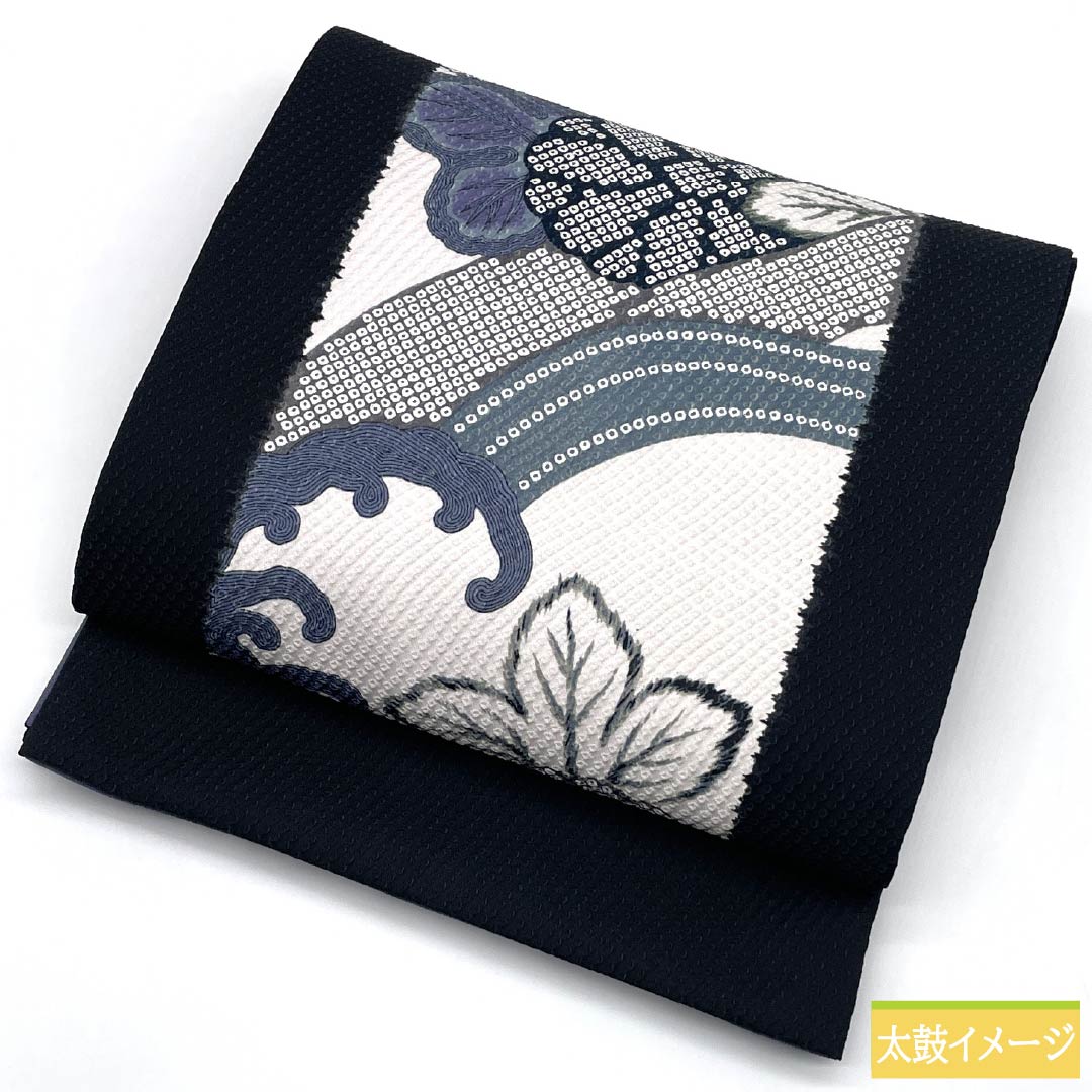 (Kyoto Fukuro Obi) Nagoya Obi, Polyester, S-Rank, Kyoto Fukuro Obi, Dyed, Shibori Pattern, Wave Pattern, Length 380cm, Six-Ply, Casual, Black, 1124010992410, Open-Weave