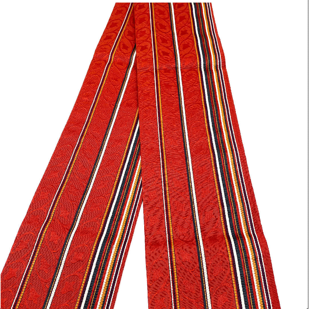 Half-width obi, striped, obi length 348cm, pure silk, red, A rank, 1125000143912