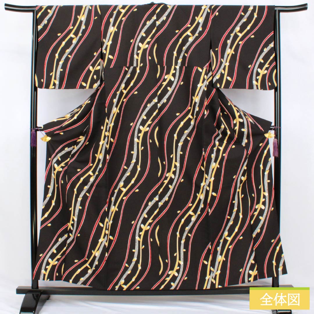Komono Polyester S Rank, Length 157.5cm, Sleeve-to-sleeve 65.5cm, Unlined, Katazome, Curves, Flower Petals, Washable Kimono, Black-based, 1115007812310