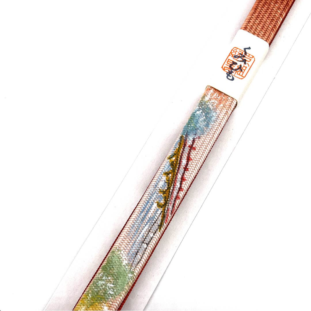 (New old stock) Obijime (sash fastener) made of pure silk, quarter-length cord, red-patterned color, by Nakamura Katsuun, Arashiyama, hand-painted, length approx. 162cm, width approx. 1cm, semi-formal, rank S, orange, 1135000052926