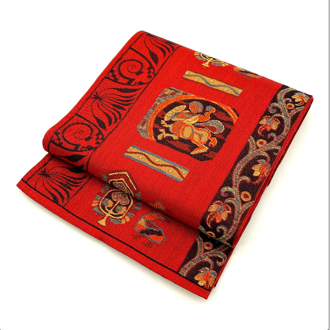 Fukuro Obi with Mural Pattern, Length 428cm, Pure Silk, S Rank, Six-way, Casual, Red, 1123003642312