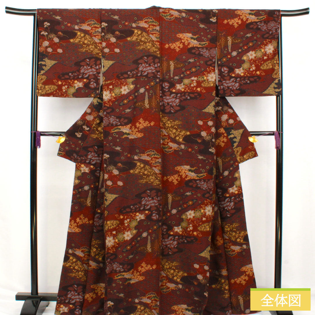小紋 正絹 Sランク 身丈164.5cm 裄丈64.5cm 袷 小豆茶色(あずきちゃいろ) 辻ヶ花 ザ・スーパーシルク スコッチガード加工 茶系 1115007632414