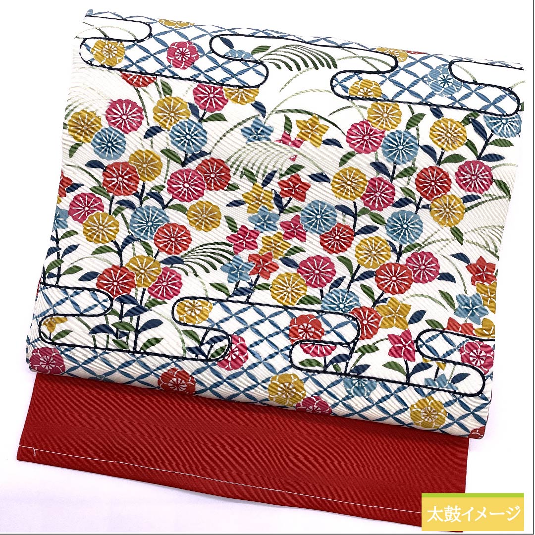 Nagoya obi, milky white color, stencil dyeing, Kyoto red pattern, Shippo, chrysanthemum, bellflower, plum, obi length 364.5cm, pure silk, S rank, full length, casual, white, 1124005872311, Nagoya style