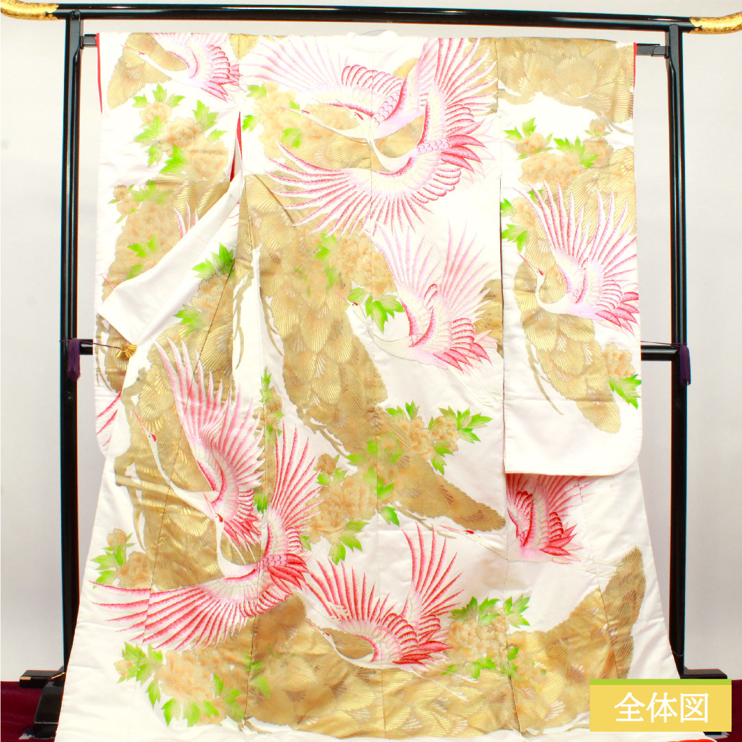 Colored uchikake, pure silk, length 191cm, sleeve length 65cm, Karaori, gold leaf finish, crane, B rank, lined, white, 1110000664911